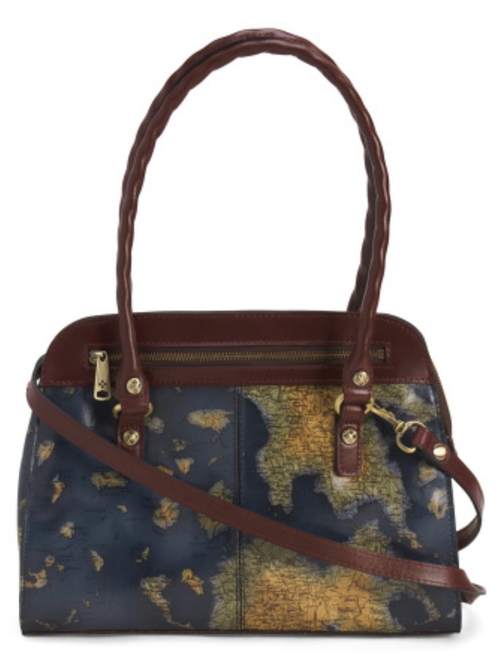 Patricia Nash Navy Map-Print Shoulder Bag with Brown Trim